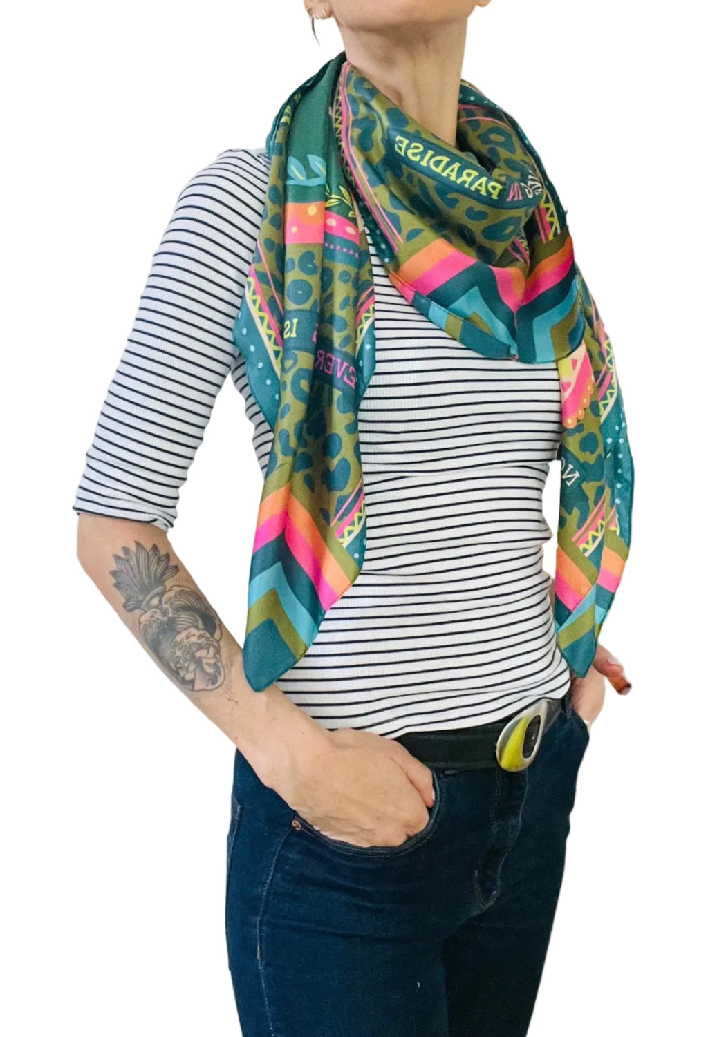 foulard "paradise"- design tropicale/ ARYK OLD PAINT. indossato- 120X120 cm