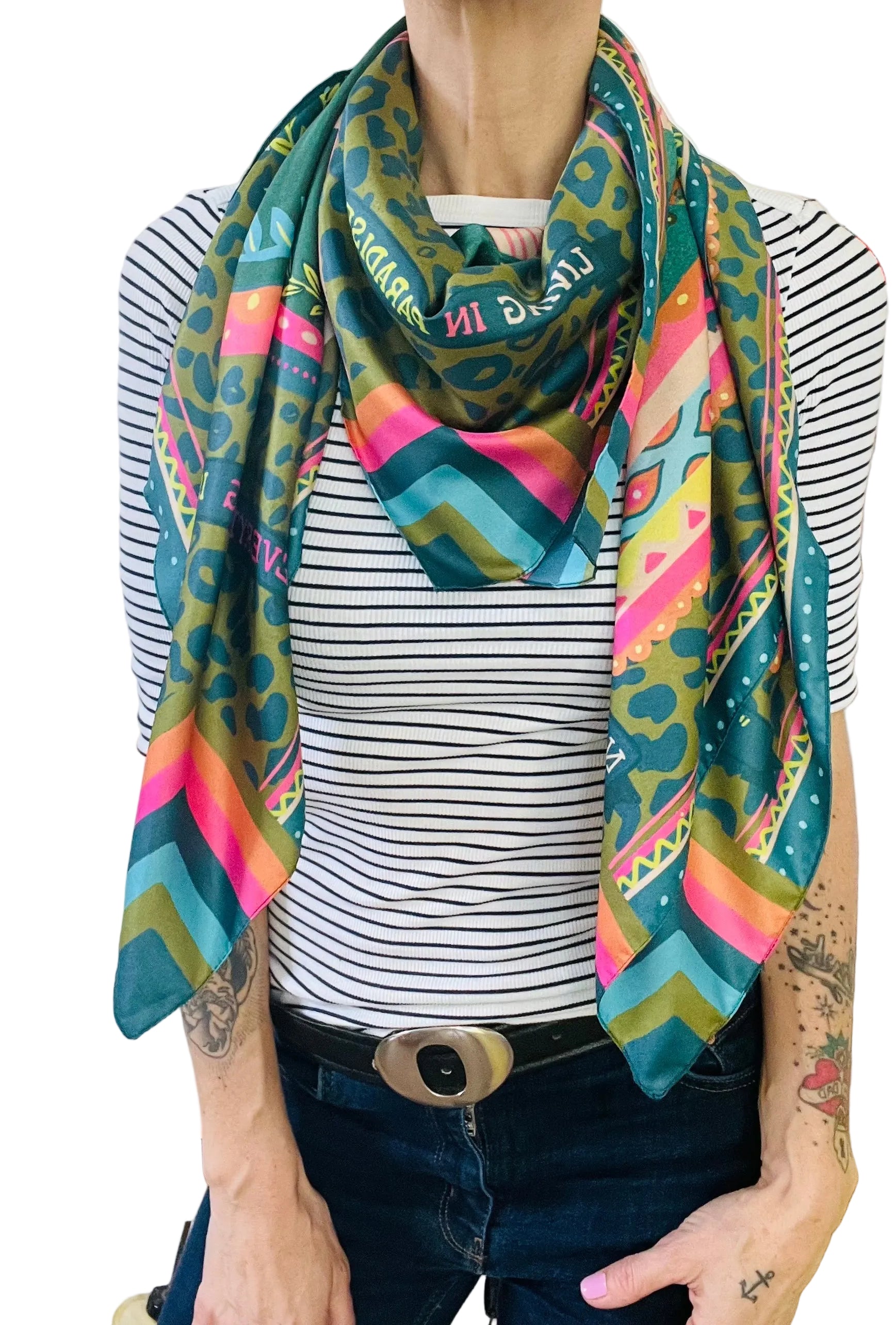 foulard "paradise"- design tropicale/ ARYK OLD PAINT. indossato - 120X120 cm