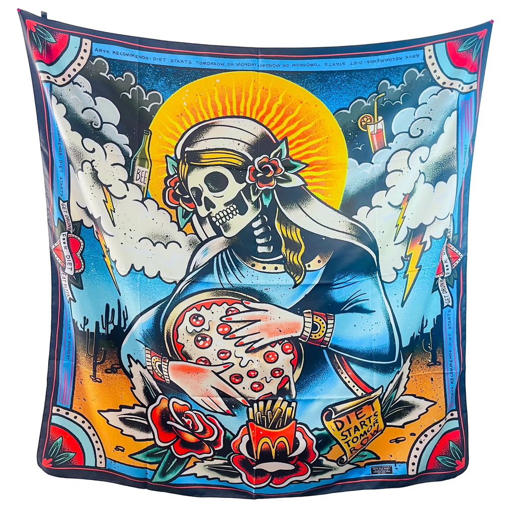 Foulard "FUCK DIET "design ironico stile tattoo- 140x140 cm – ARYK OLD PAINT- calavera