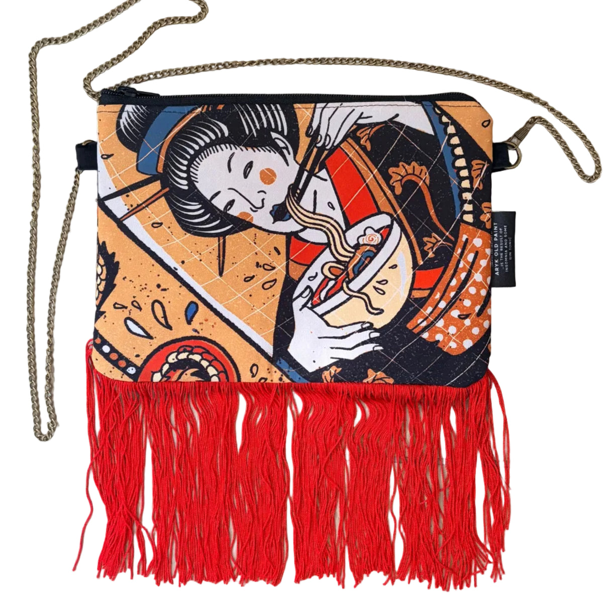 borsa. tracolla con geisha che mangia spaghetti ironica