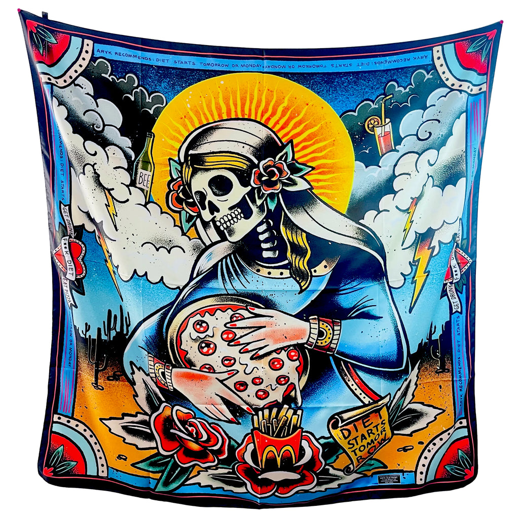 oulard "Fuck Diet", vista frontale con calavera, design ironico tattoo 140x140 cm – ARYK OLD PAINT
