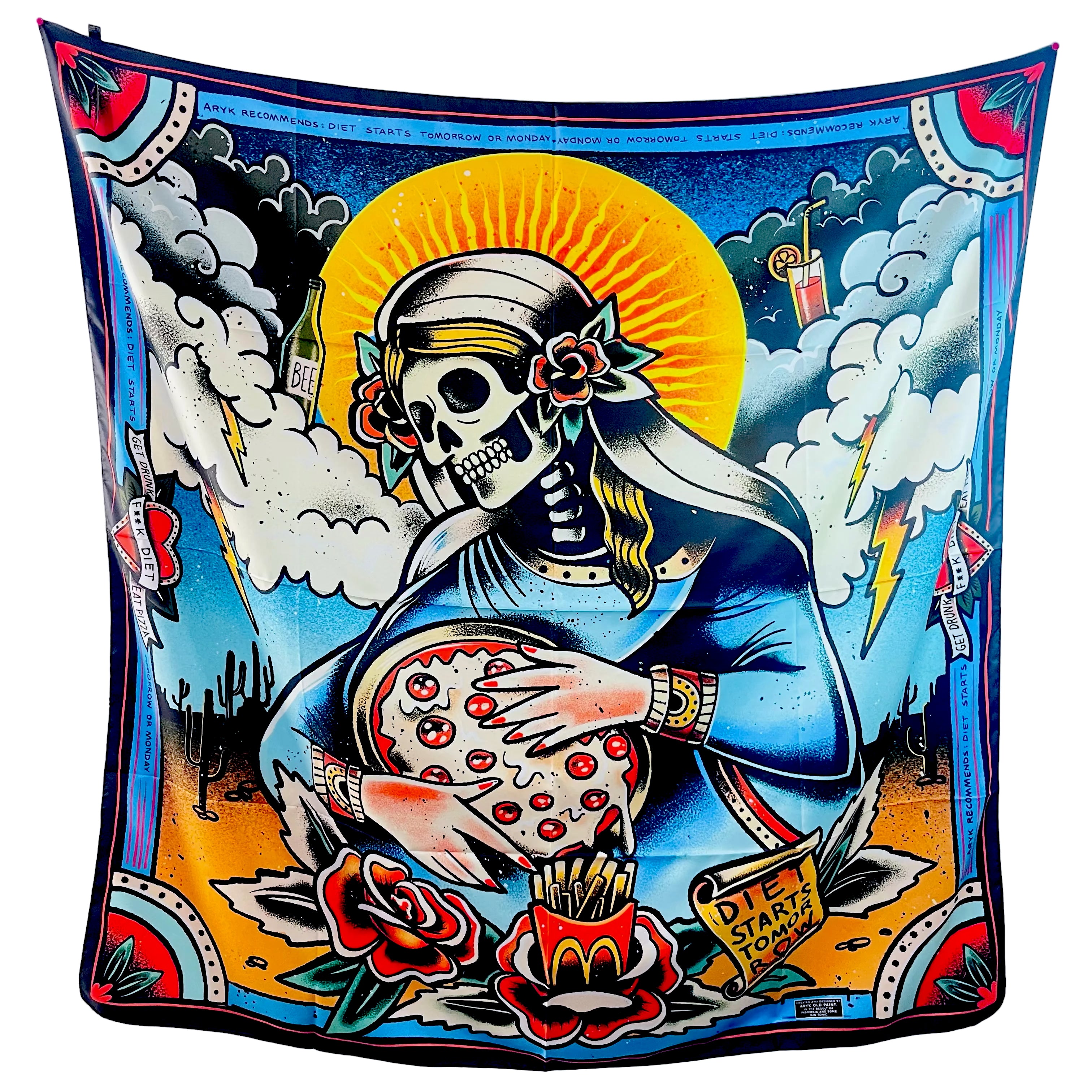 oulard "Fuck Diet", vista frontale con calavera, design ironico tattoo 140x140 cm – ARYK OLD PAINT