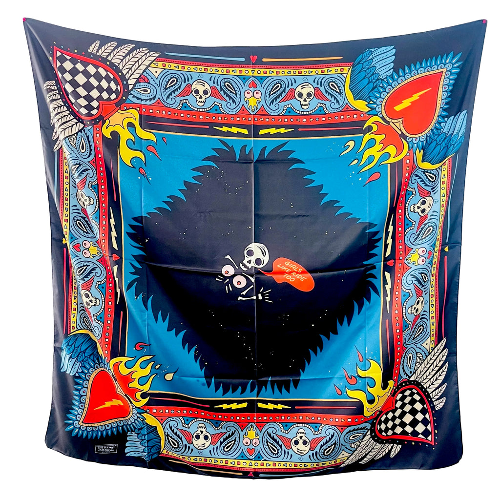 foulard "Girls Like Ride Too", vista frontale design old school tattoo 140x140 cm – ARYK OLD PAINT