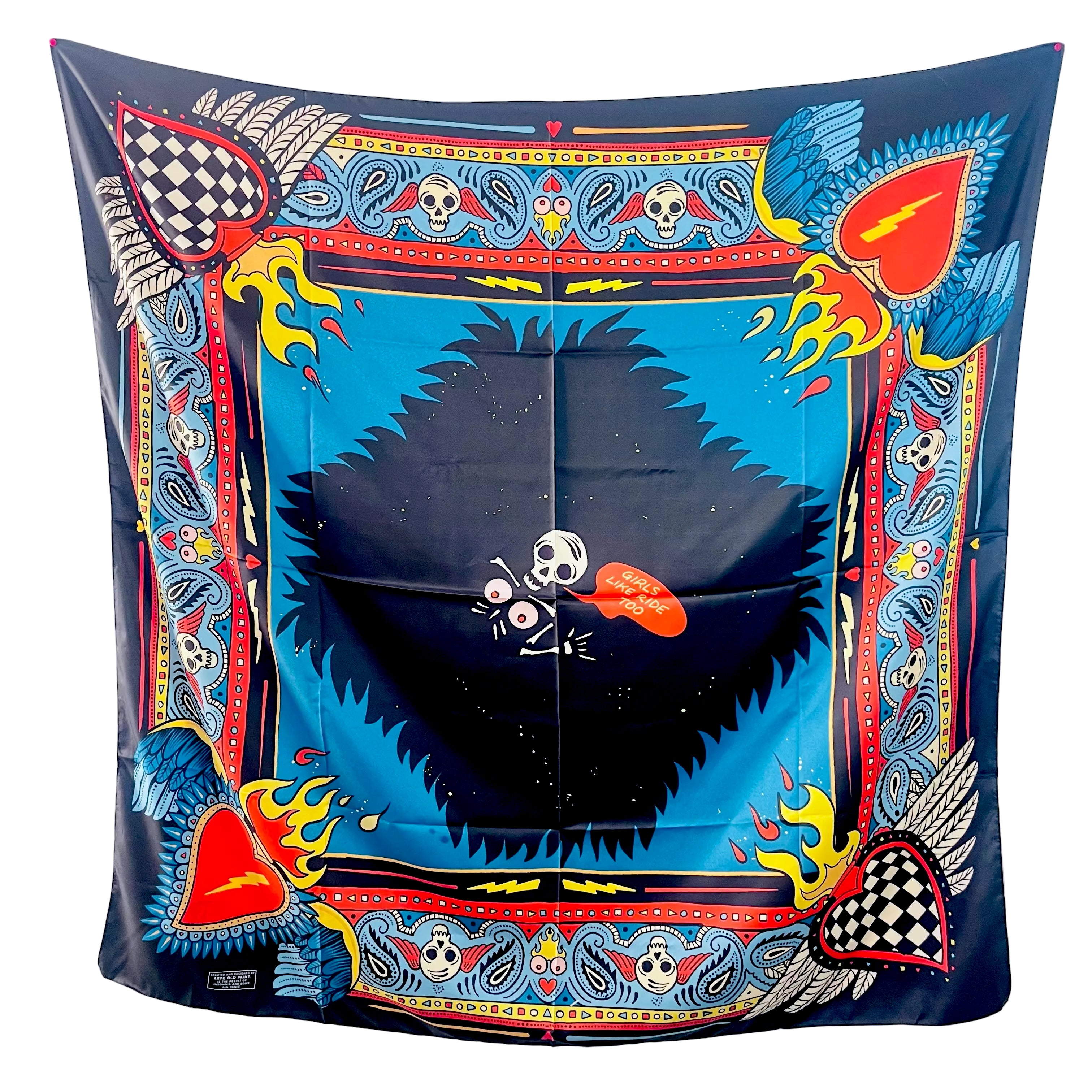 foulard "Girls Like Ride Too", vista frontale design old school tattoo 140x140 cm – ARYK OLD PAINT