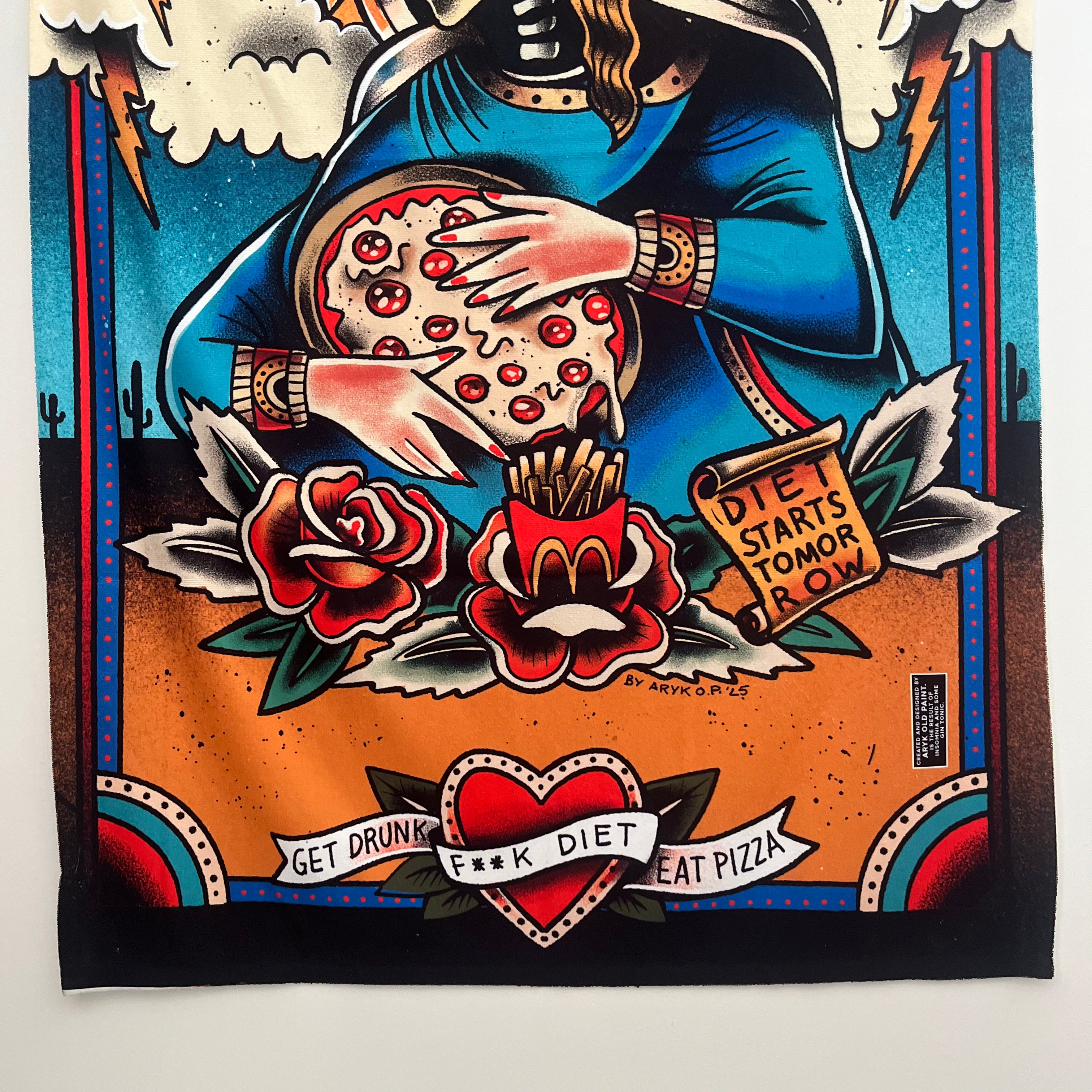 madonna con pizza , stile tattoo old school