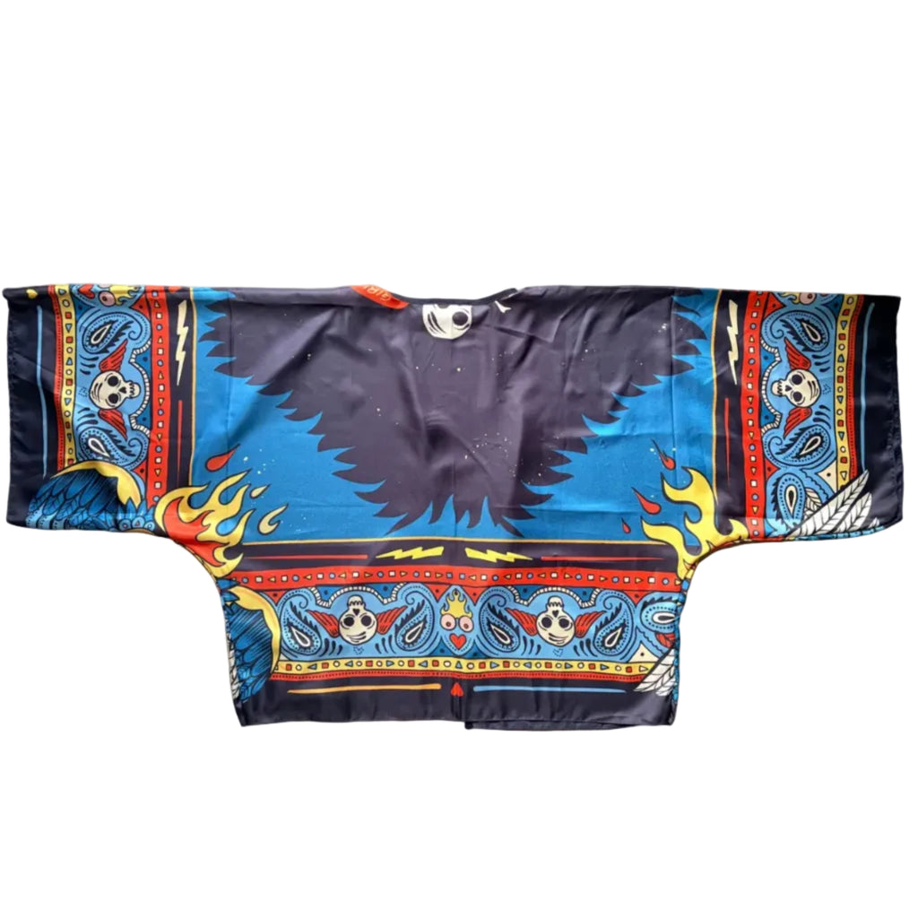 Retro kimono "Bandana" ARYK OLD PAINT – bordi con teschi, fiamme e motivi paisley old school su fondo nero e blu