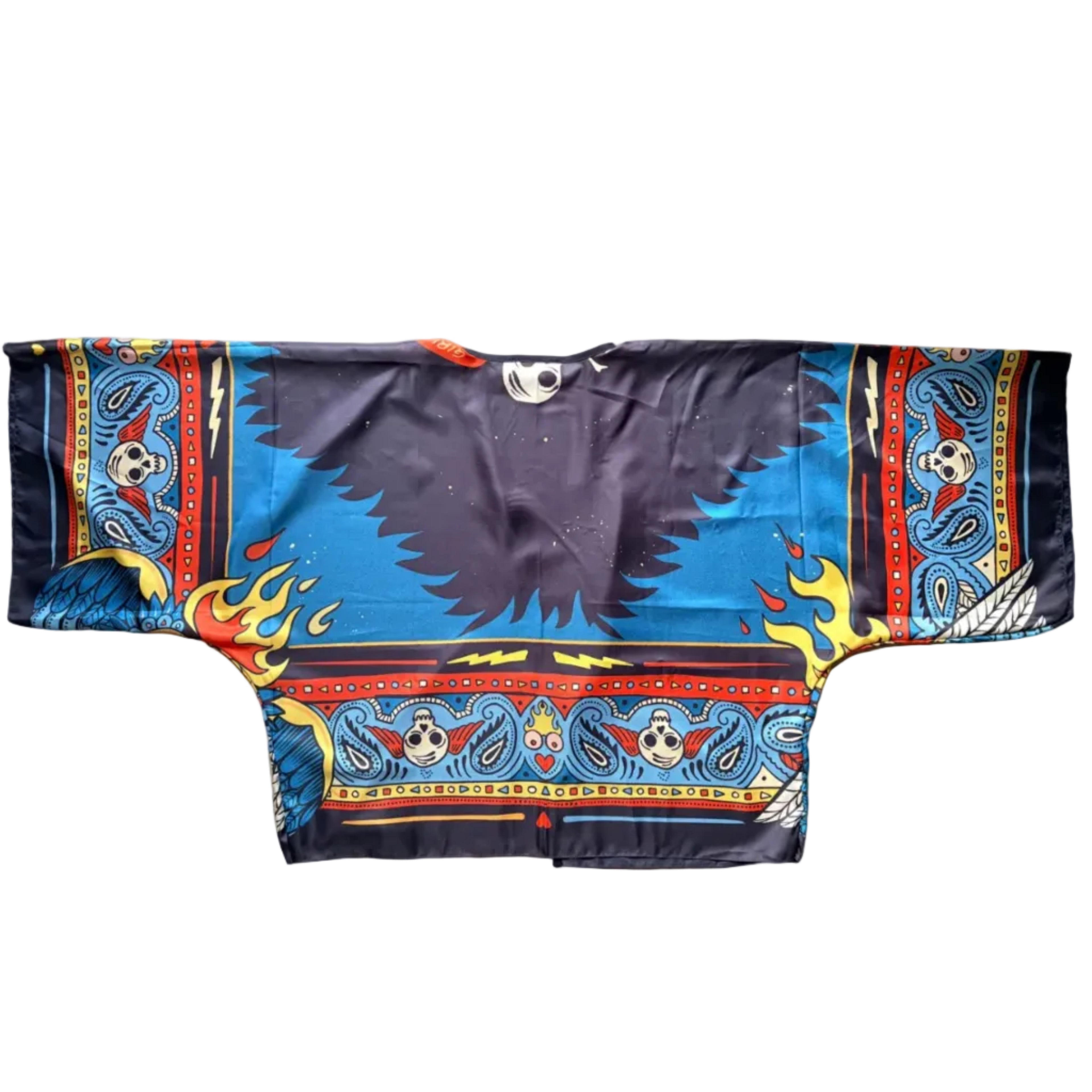 Retro kimono "Bandana" ARYK OLD PAINT – bordi con teschi, fiamme e motivi paisley old school su fondo nero e blu