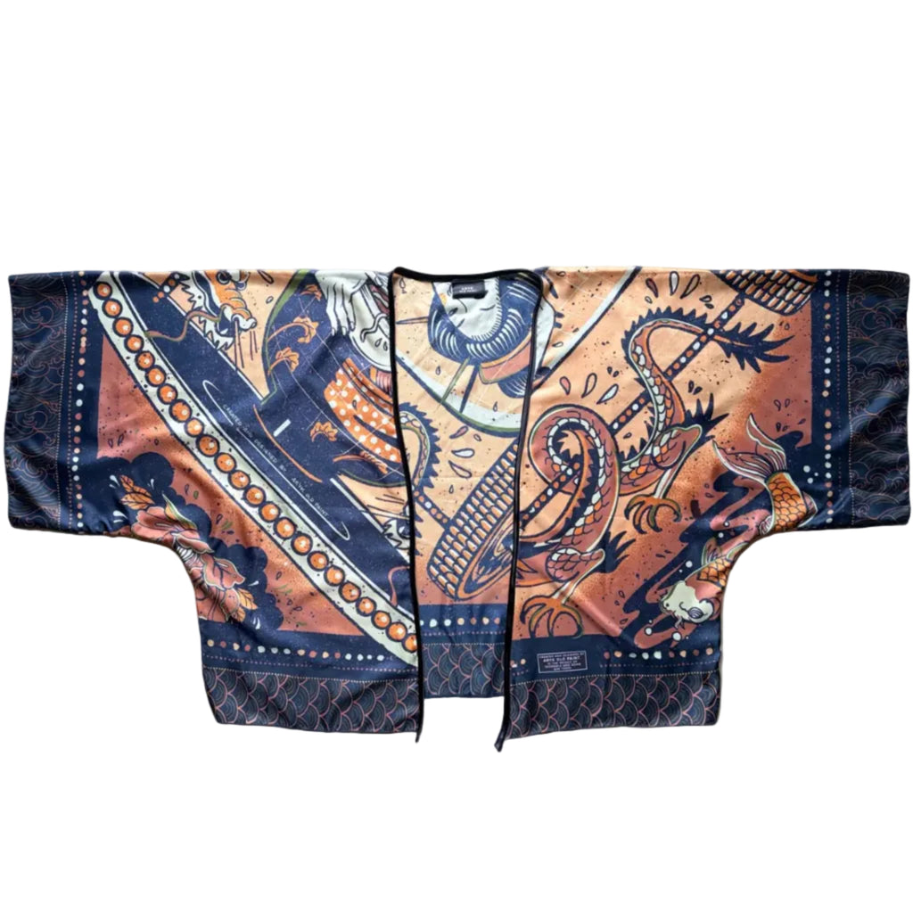 Kimono "Japan Story" ARYK OLD PAINT – fronte aperto, illustrazione originale in stile giapponese con dragone, maschera e fiori