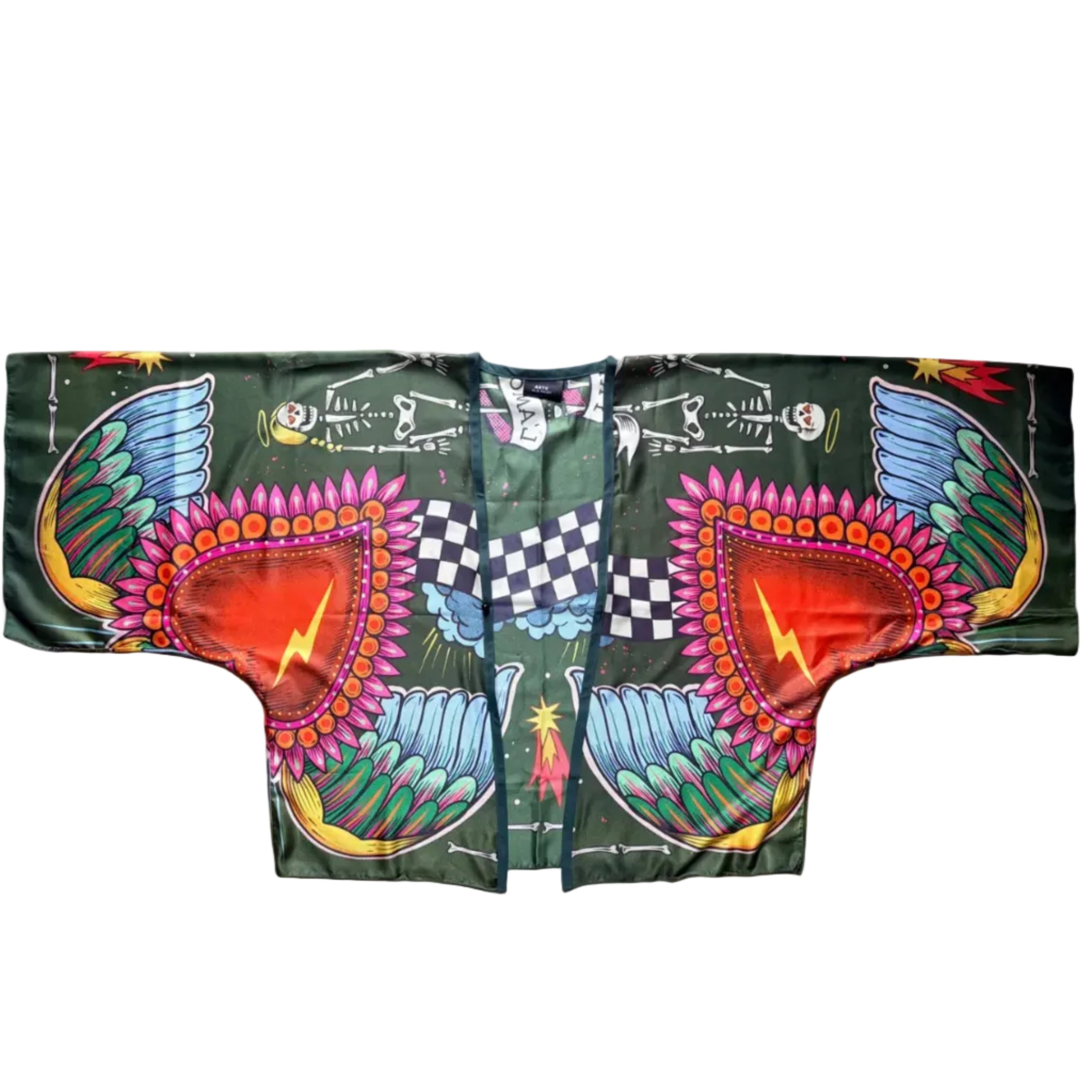 Kimono "Prima o Poi" ARYK OLD PAINT – fronte aperto, illustrazione old school con cuori sacri alati, scacchi, fulmine e scheletri su fondo verde scuro
