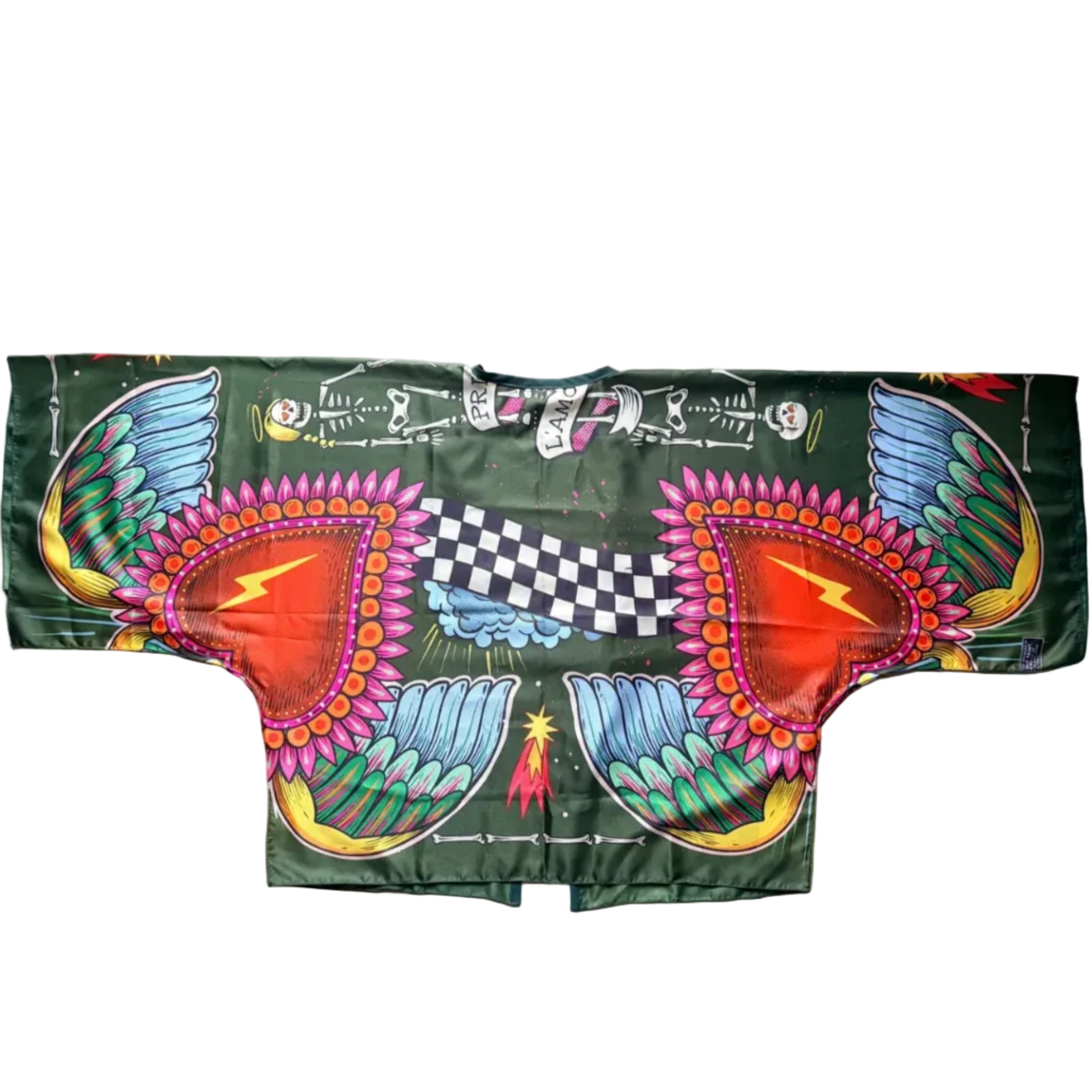 Retro kimono "Prima o Poi" ARYK OLD PAINT – cuori sacri alati al centro, scheletri danzanti in alto con scritta "Prima o Poi l'Amore Arriva", fondo verde scuro