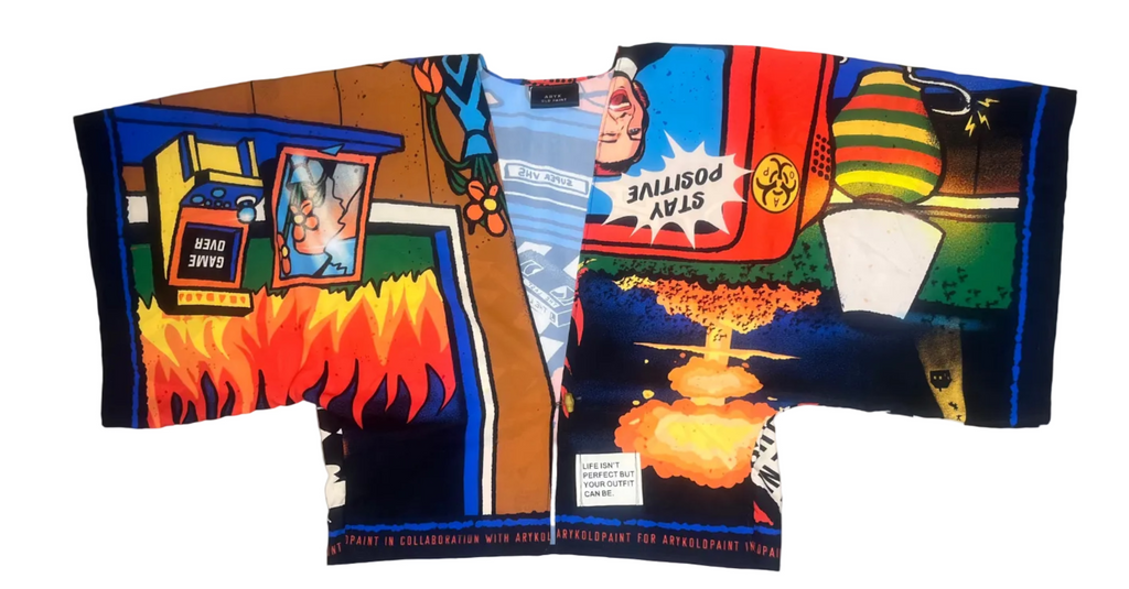 kimono con stampa ironica sulla sfortuna firmata arykoldpaint