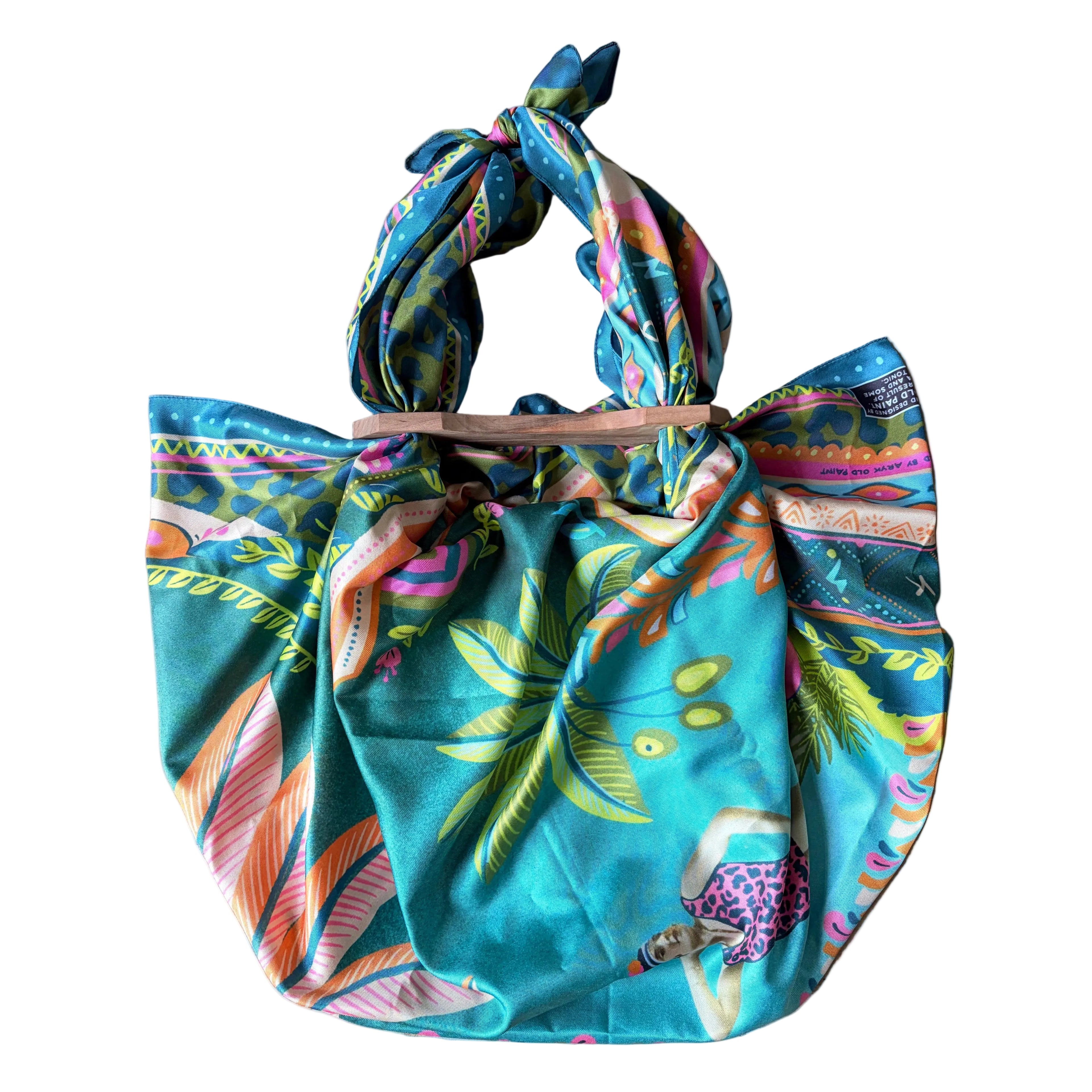 Set "Paradise" ARYK OLD PAINT – foulard annodato ai manici in legno artigianali, usato come borsa, illustrazione tropicale su fondo turchese