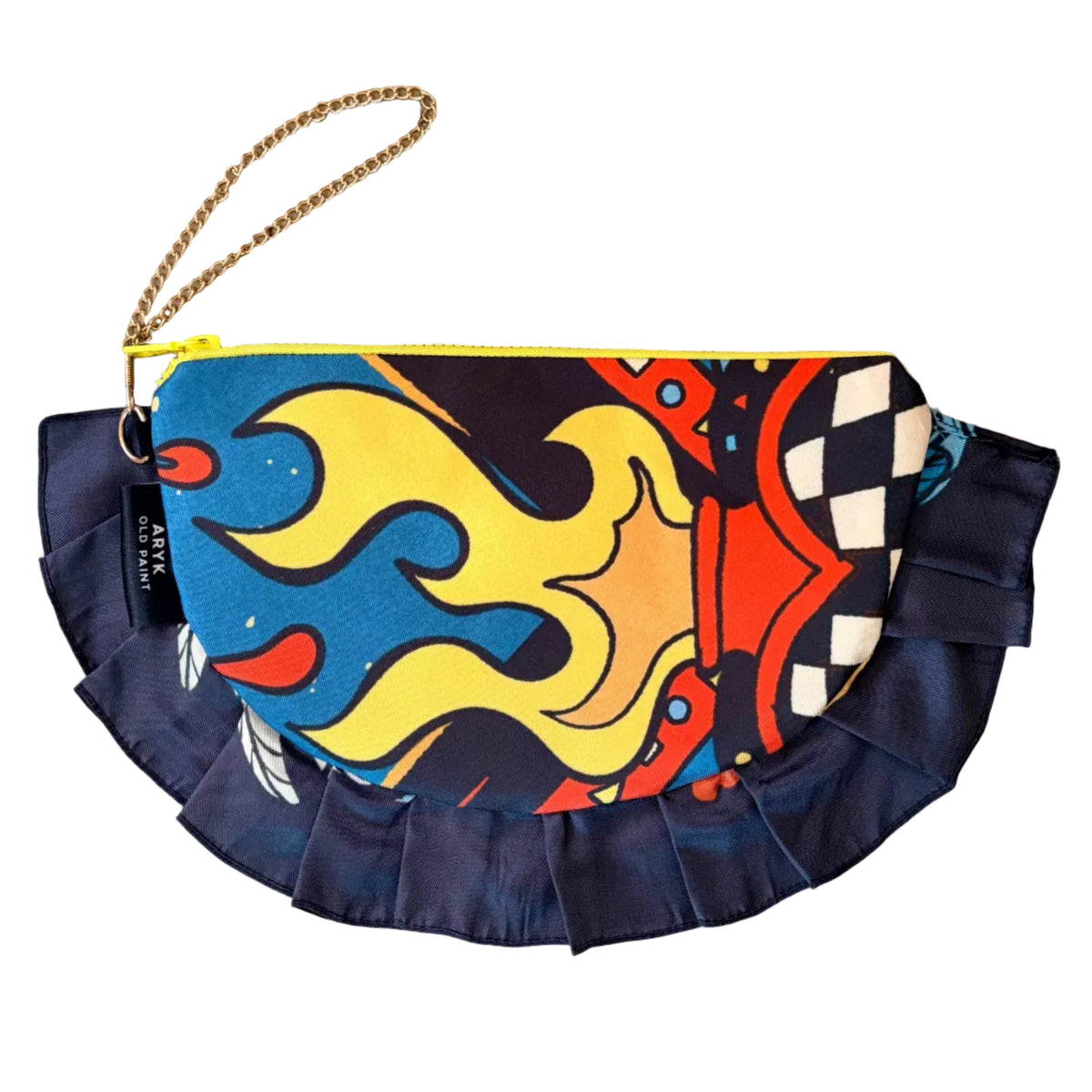 pochette con volant con cuore sacro e fiamme gialle
