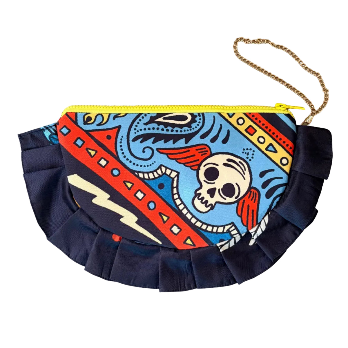 pochette con volant Flash1 con cerniera gialla e polsino in catenella dorata