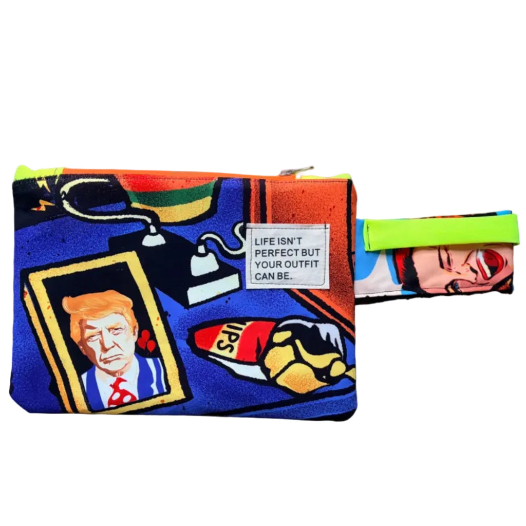 Pochette "Stay Positive" ARYK OLD PAINT – fronte con illustrazione pop art, scritta "Life isn't perfect but your outfit can be", zip neon giallo