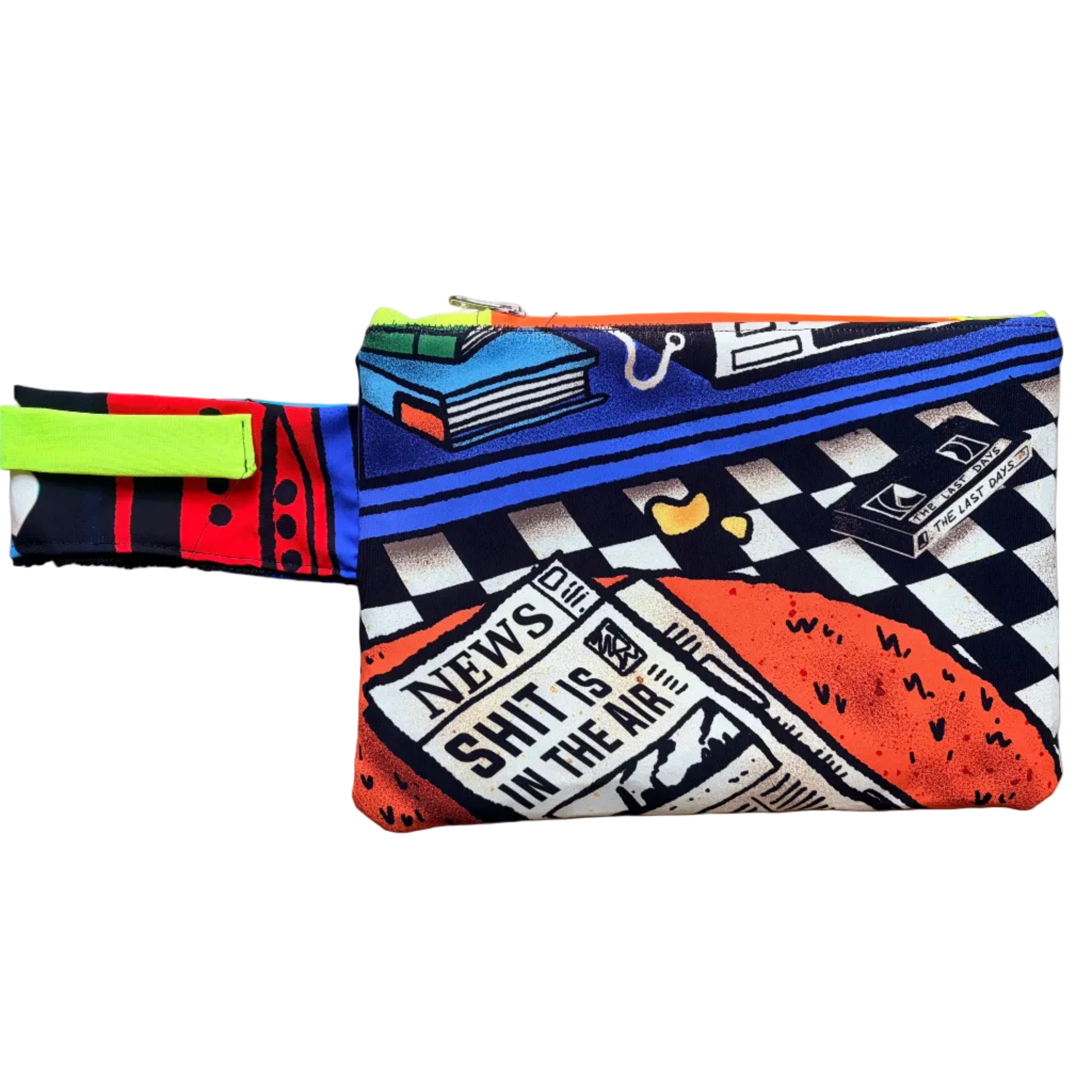 Pochette "Stay Positive" ARYK OLD PAINT – retro con illustrazione pop art, giornale con scritta "Shit is in the air", zip neon giallo