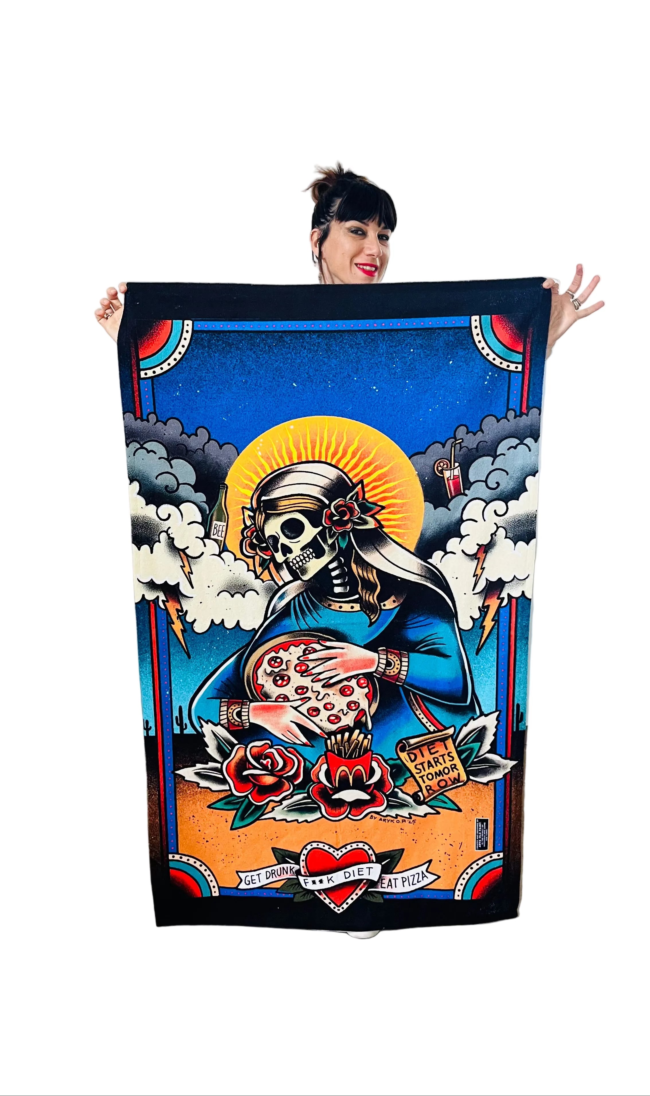 telo mare "Diet Starts Tomorrow" con santa muerte, pizza e birra, stile tattoo old school – ARYK OLD PAINT
