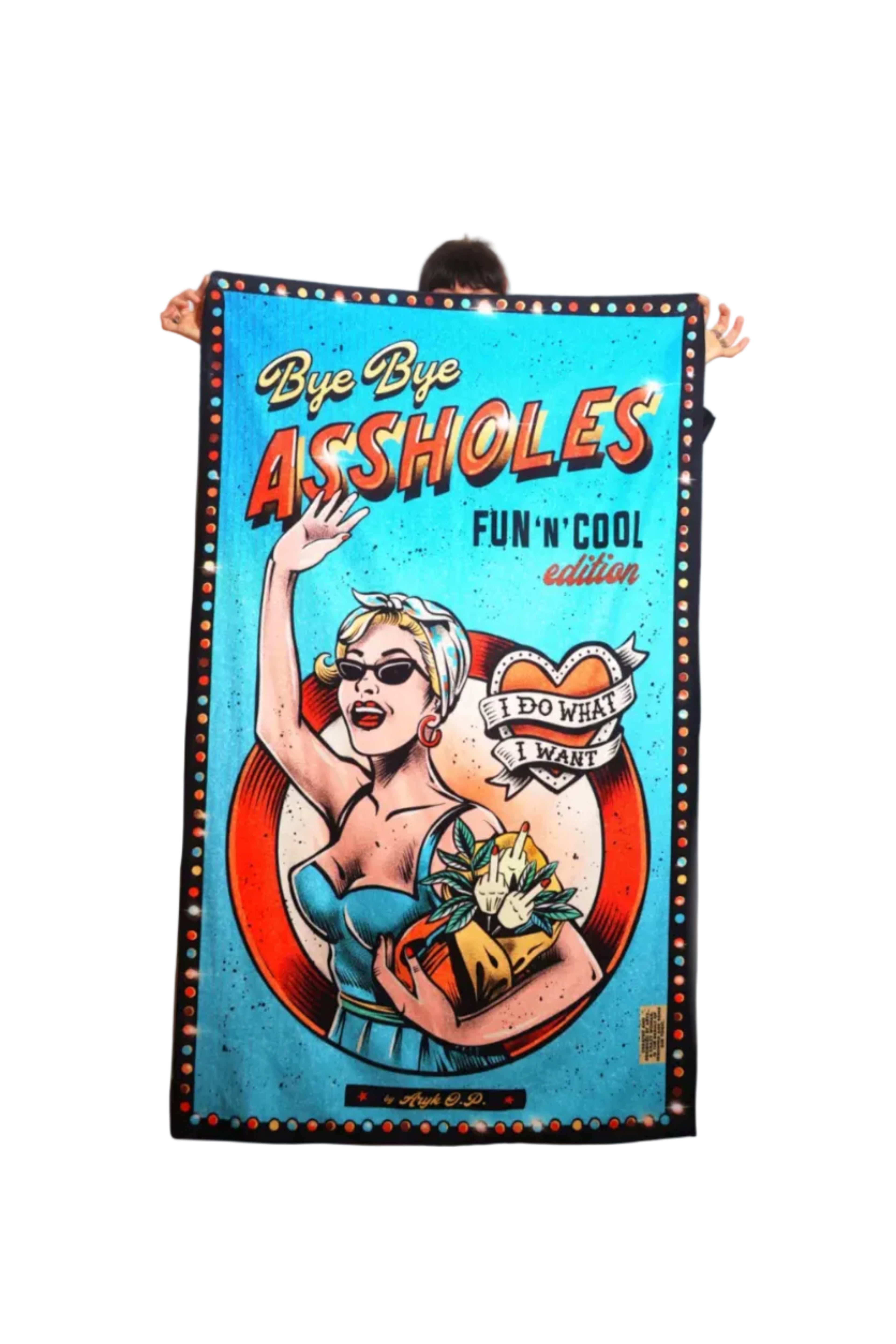 Telo mare "Bye Bye Assholes" – design illustrato ironico, Aryk Old Paint