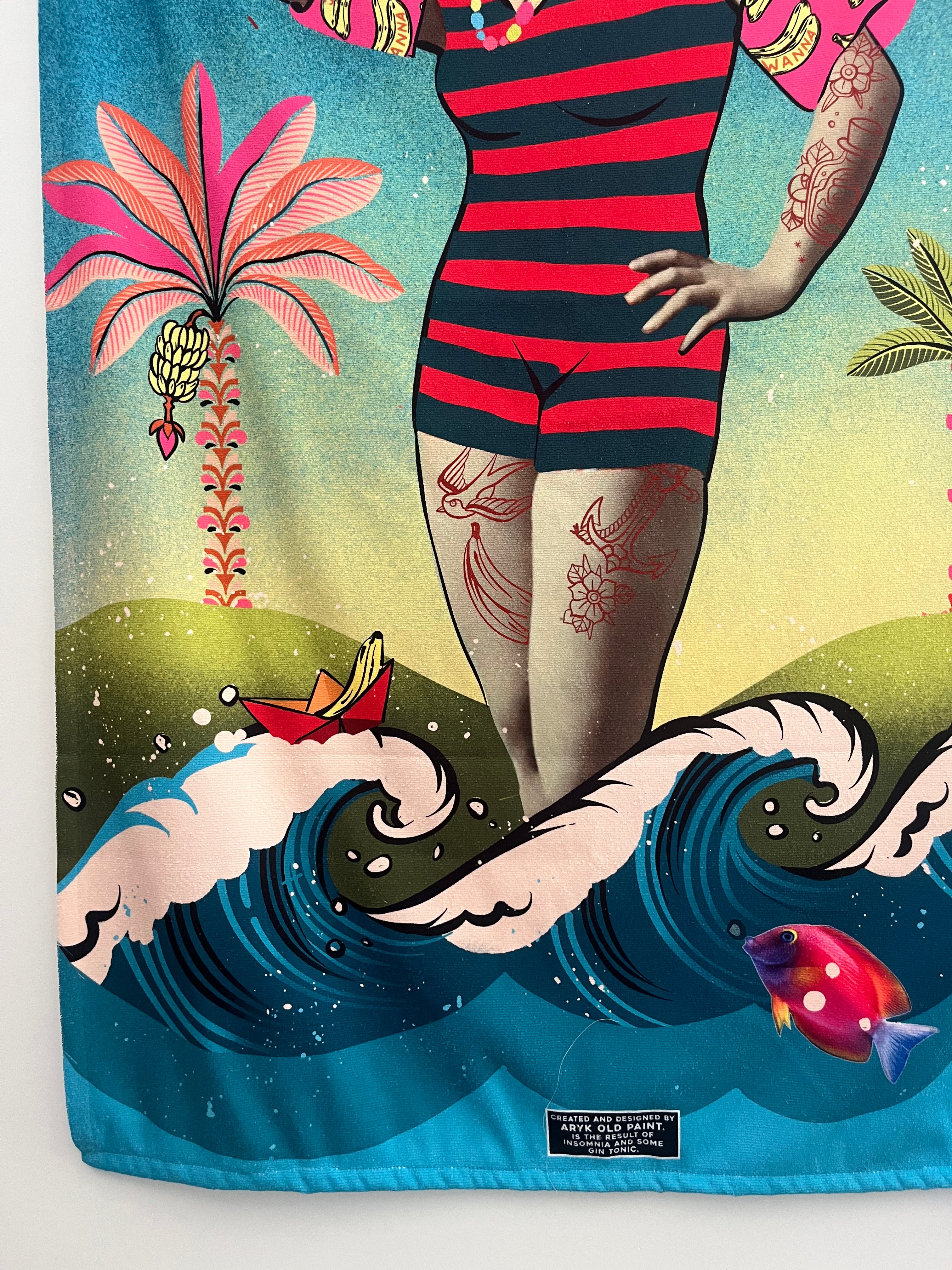 telo mare in spugna con stampa ironica e illustrazione originale arykoldpaint