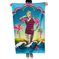 telo mare con stampa ironica disegno da arykoldpaint stile vintage, con palme pesci e onde del mare