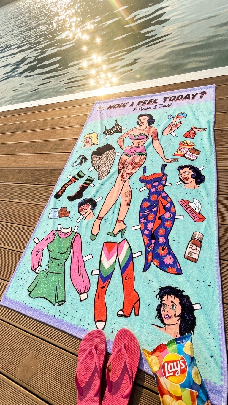 telo mare "Crazy Paper Doll", illustrazione originale ironica – ARYK OLD PAINT