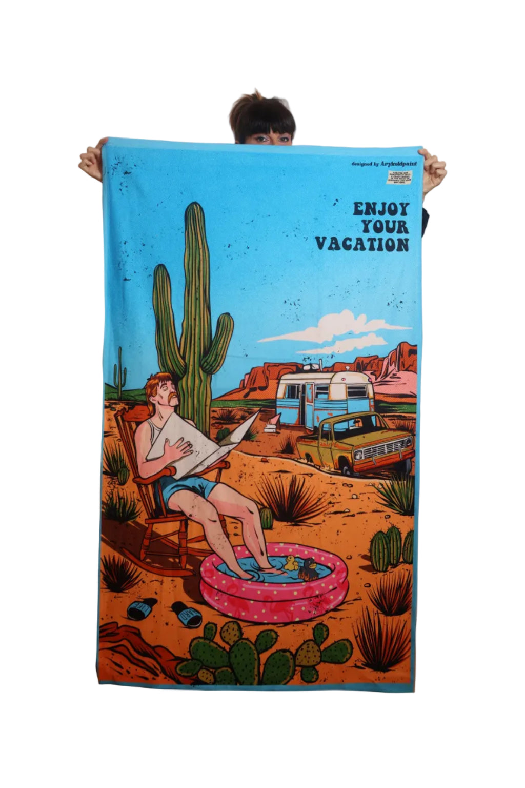 Telo mare "Enjoy Your Vacation" – design illustrato, Aryk Old Paint