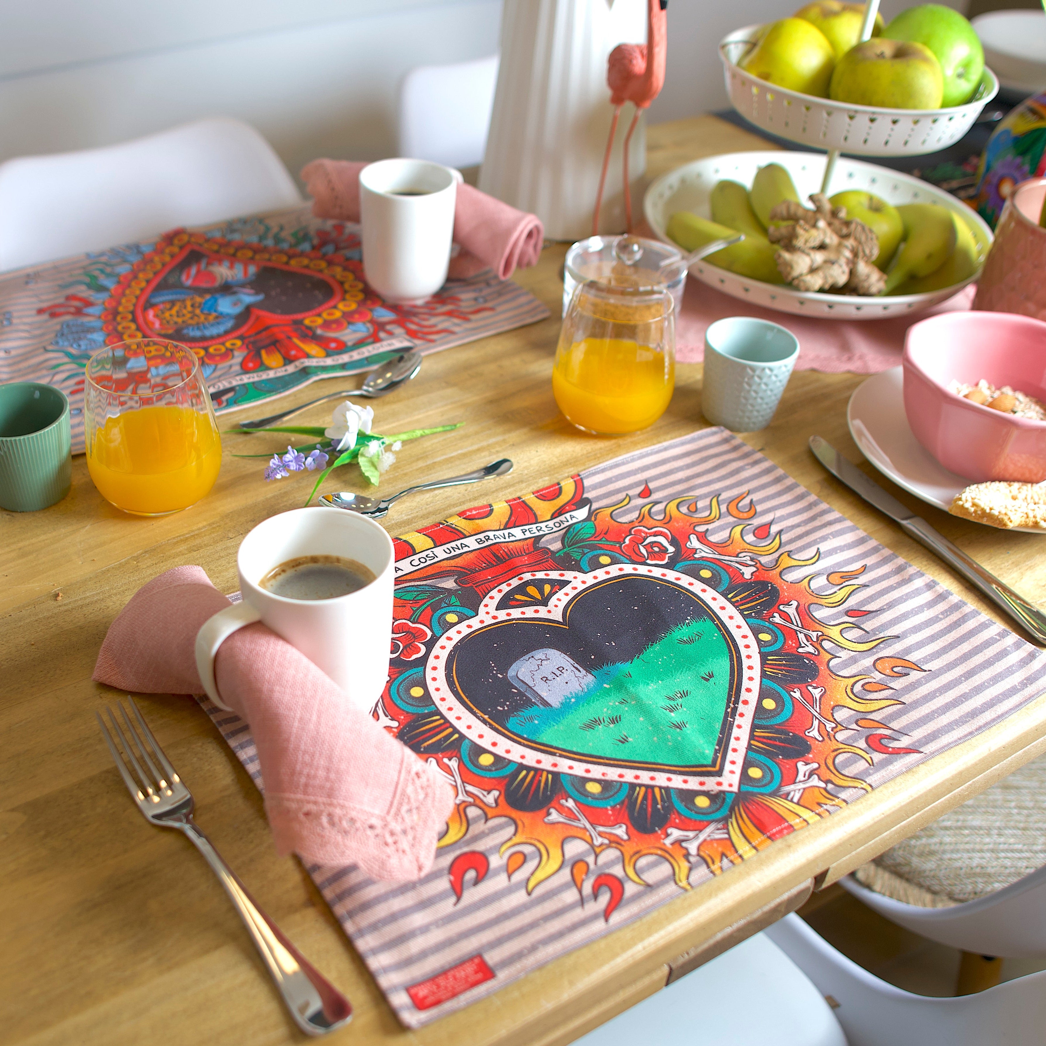Tovaglietta americana in cotone 100% con illustrazione "Rip" ironica, design artigianale firmato Aryk Old Paint,